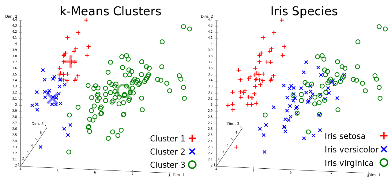 Iris flower data set, clustered using k means (left) and true species in the data set (right)